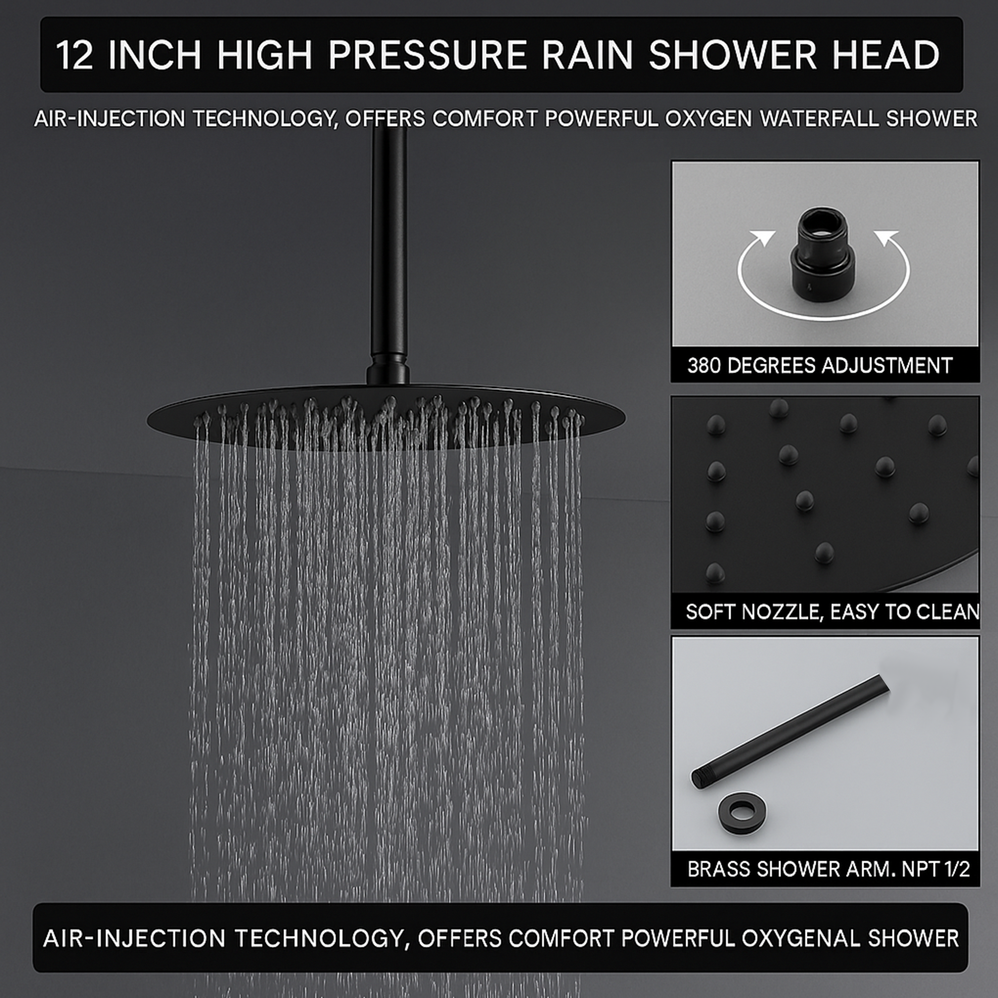 Black Round Concealed Thermostatic Shower Pack with Head + Handset