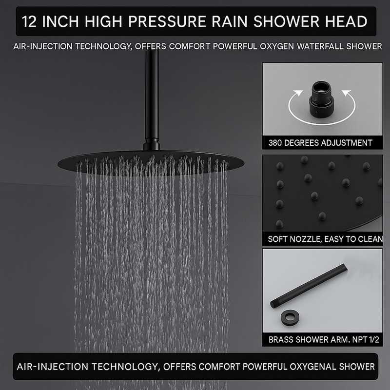 Black Round Concealed Thermostatic Shower Pack with Head + Handset