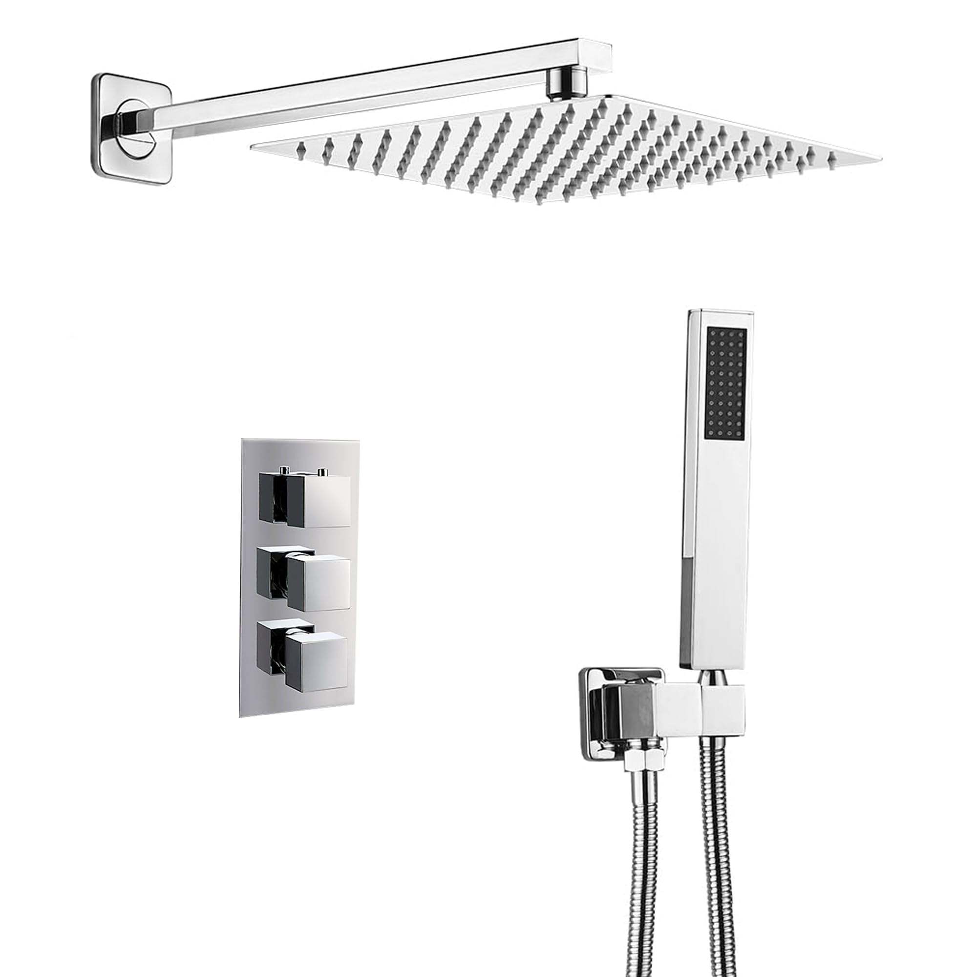 Square Concealed Triple Thermostatic Shower Pack with Head + Handset - Chrome