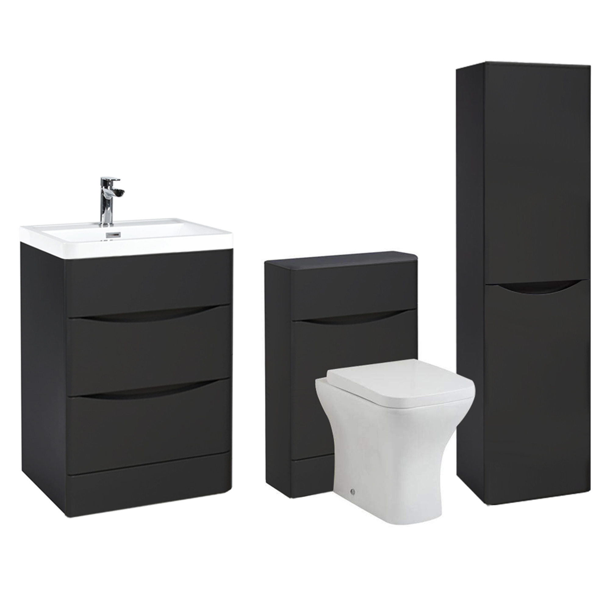 Arko Bathroom Furniture Set 600mm Vanity Unit with Basin, BTW WC Unit with Soft-Close Seat & 1500mm Tall Storage Cabinet – Black