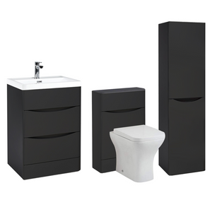 Arko Bathroom Furniture Set 600mm Vanity Unit with Basin, BTW WC Unit with Soft-Close Seat & 1500mm Tall Storage Cabinet – Black